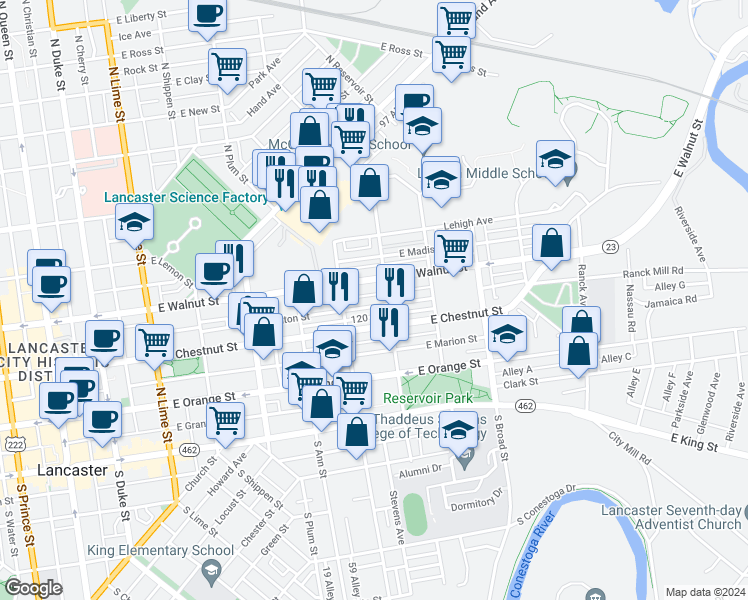 map of restaurants, bars, coffee shops, grocery stores, and more near 637 East Fulton Street in Lancaster