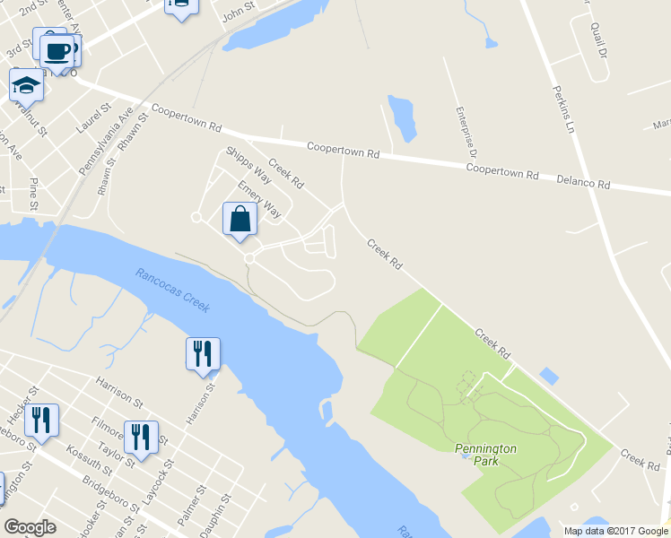 map of restaurants, bars, coffee shops, grocery stores, and more near 29 Pennington Court in Delanco