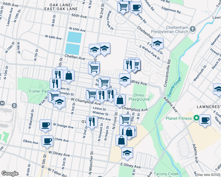 map of restaurants, bars, coffee shops, grocery stores, and more near 126 Rosemar St in Philadelphia
