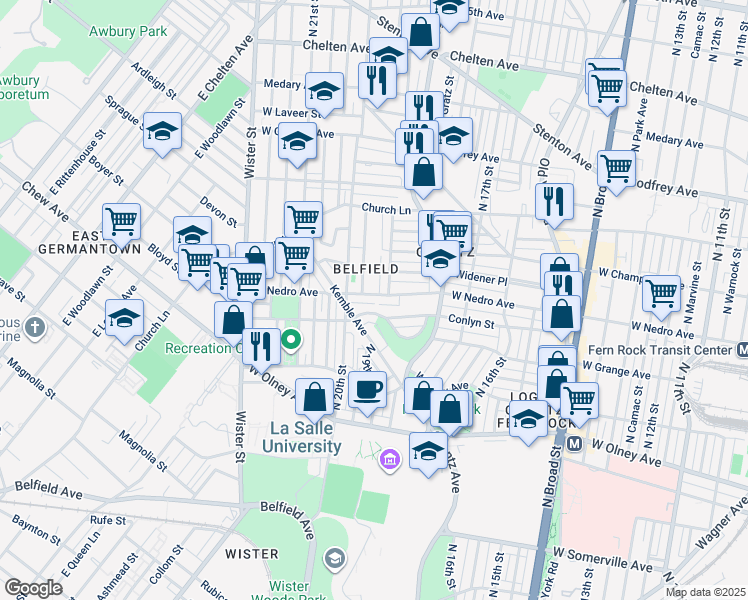 map of restaurants, bars, coffee shops, grocery stores, and more near 1916 West Nedro Avenue in Philadelphia