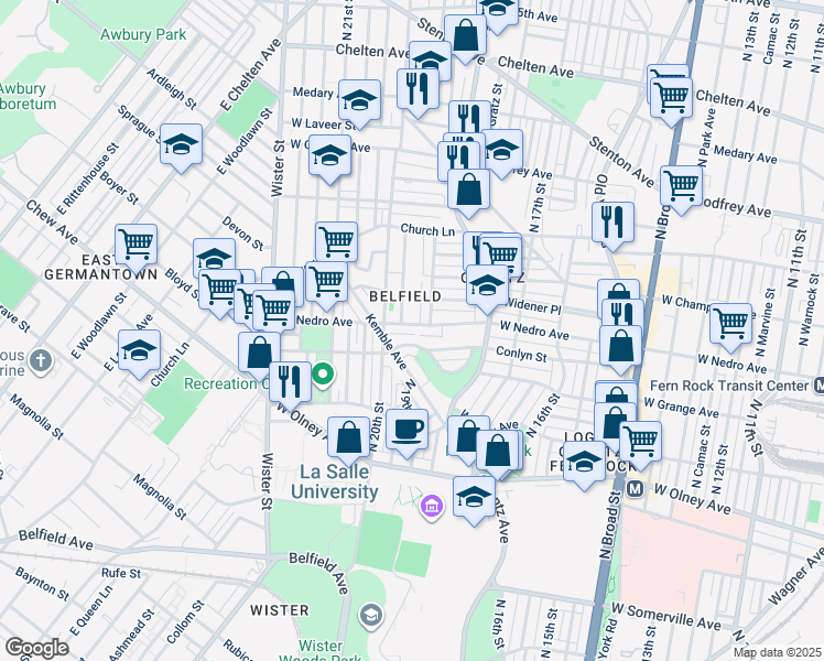 map of restaurants, bars, coffee shops, grocery stores, and more near 1920 West Nedro Avenue in Philadelphia