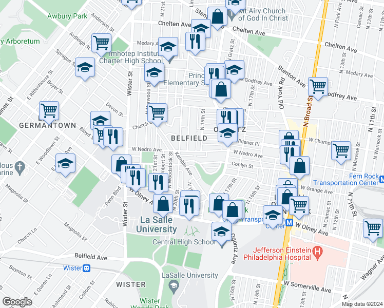 map of restaurants, bars, coffee shops, grocery stores, and more near 1922 West Nedro Avenue in Philadelphia