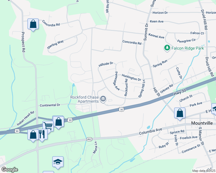 map of restaurants, bars, coffee shops, grocery stores, and more near 4 Spring Hill Lane in Mountville