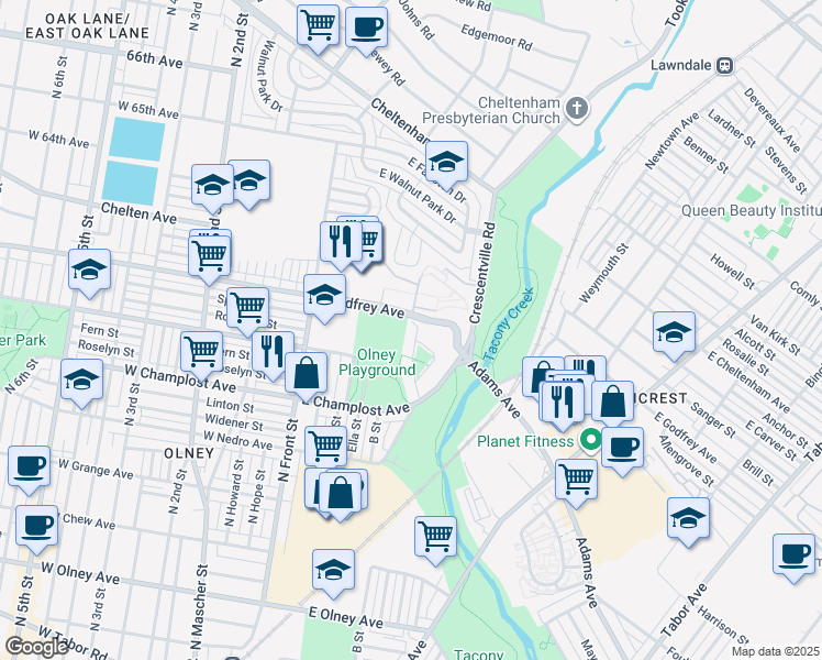 map of restaurants, bars, coffee shops, grocery stores, and more near 6130 Crescentville Road in Philadelphia