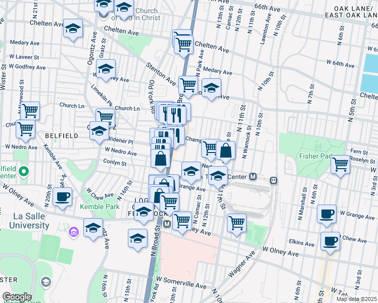 map of restaurants, bars, coffee shops, grocery stores, and more near 5923 North Park Avenue in Philadelphia