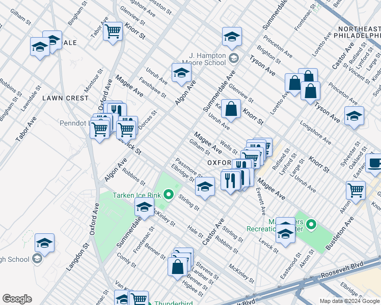 map of restaurants, bars, coffee shops, grocery stores, and more near 1228 Greeby Street in Philadelphia