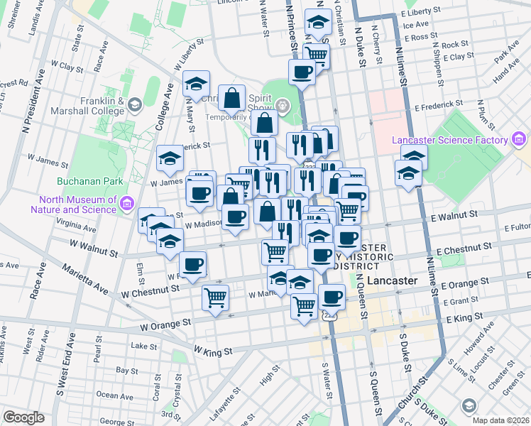 map of restaurants, bars, coffee shops, grocery stores, and more near 425 North Concord Street in Lancaster