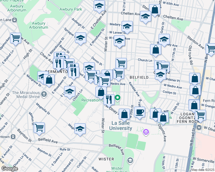 map of restaurants, bars, coffee shops, grocery stores, and more near 2163 West Grange Avenue in Philadelphia
