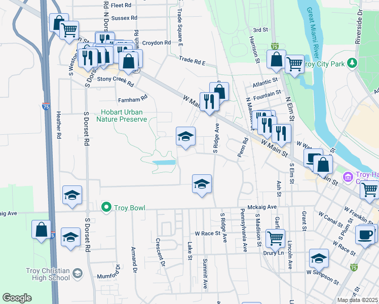 map of restaurants, bars, coffee shops, grocery stores, and more near 172 South Ridge Avenue in Troy