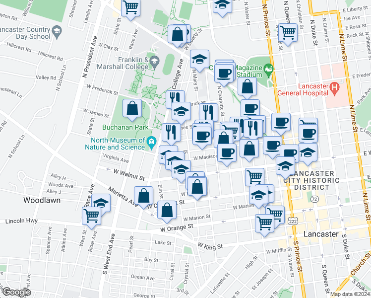 map of restaurants, bars, coffee shops, grocery stores, and more near 545 West Lemon Street in Lancaster