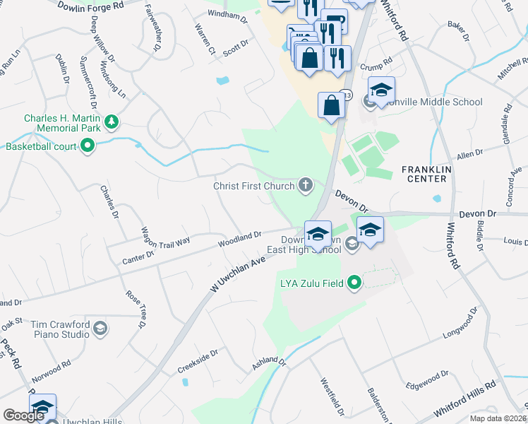 map of restaurants, bars, coffee shops, grocery stores, and more near 106 Steeplewood Drive in Exton