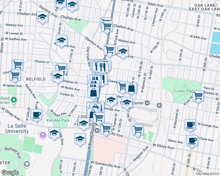 map of restaurants, bars, coffee shops, grocery stores, and more near 5923 North Park Avenue in Philadelphia