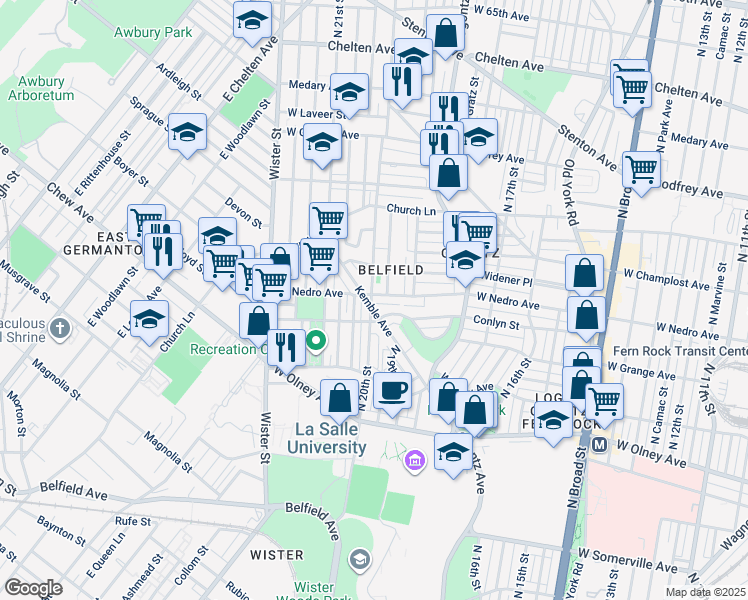 map of restaurants, bars, coffee shops, grocery stores, and more near 1956 Nedro Ave in Philadelphia
