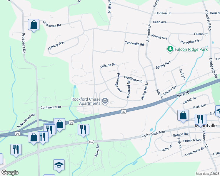 map of restaurants, bars, coffee shops, grocery stores, and more near 4 Spring Hill Lane in Mountville