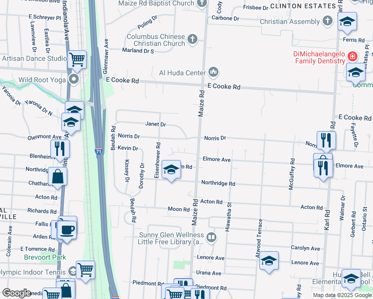 map of restaurants, bars, coffee shops, grocery stores, and more near 3849 Maize Road in Columbus