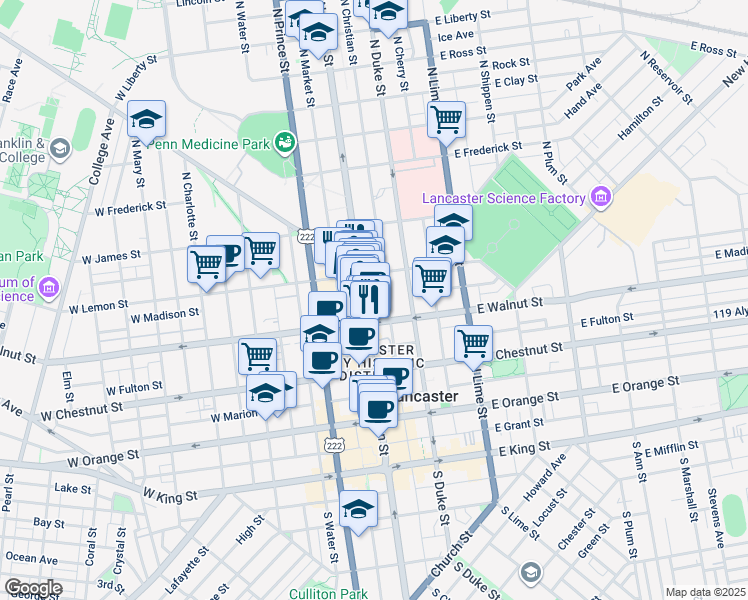 map of restaurants, bars, coffee shops, grocery stores, and more near 325 North Queen Street in Lancaster