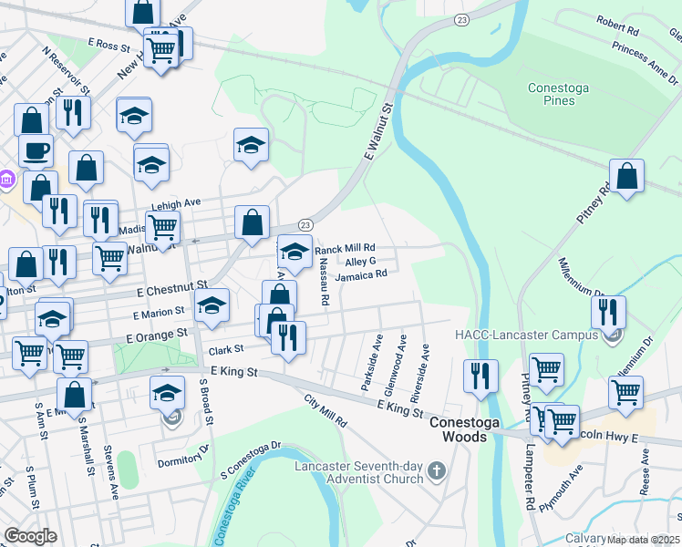 map of restaurants, bars, coffee shops, grocery stores, and more near 1103 Jamaica Road in Lancaster
