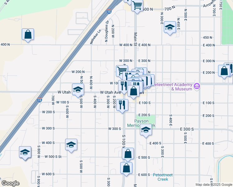 map of restaurants, bars, coffee shops, grocery stores, and more near 196 West Utah Avenue in Payson