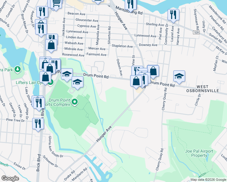 map of restaurants, bars, coffee shops, grocery stores, and more near 111 Drum Point Road in Brick Township