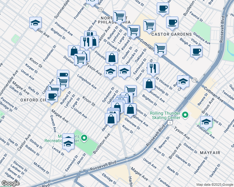 map of restaurants, bars, coffee shops, grocery stores, and more near 6931 Sylvester Street in Philadelphia