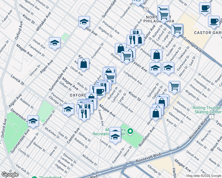 map of restaurants, bars, coffee shops, grocery stores, and more near 6722 Castor Avenue in Philadelphia