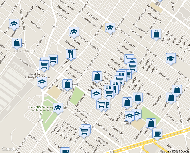 map of restaurants, bars, coffee shops, grocery stores, and more near 1237 Gilham Street in Philadelphia