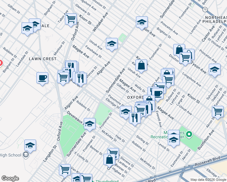 map of restaurants, bars, coffee shops, grocery stores, and more near 1201 Greeby Street in Philadelphia