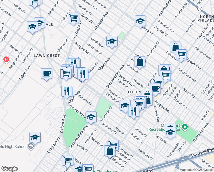 map of restaurants, bars, coffee shops, grocery stores, and more near 1146 Hellerman Street in Philadelphia