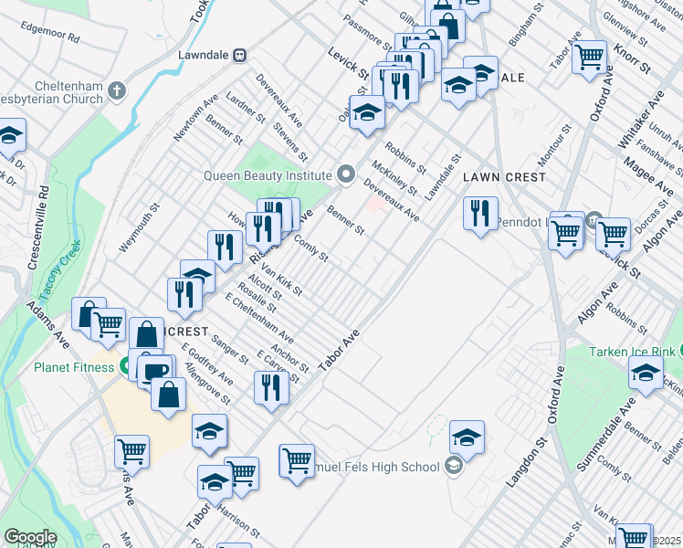 map of restaurants, bars, coffee shops, grocery stores, and more near 561 East Comly Street in Philadelphia
