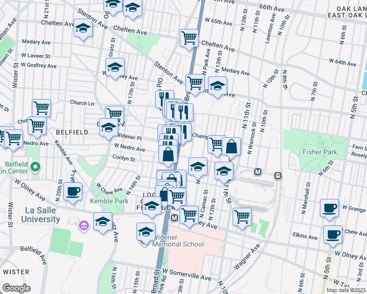 map of restaurants, bars, coffee shops, grocery stores, and more near 5933 Old York Road in Philadelphia