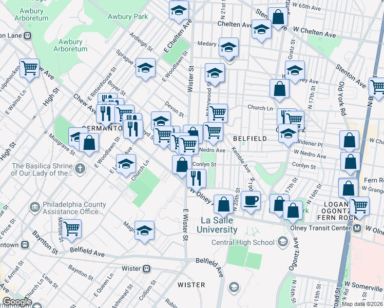 map of restaurants, bars, coffee shops, grocery stores, and more near 5917 North Beechwood Street in Philadelphia