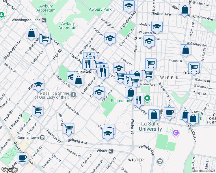 map of restaurants, bars, coffee shops, grocery stores, and more near 5533 Crowson Street in Philadelphia