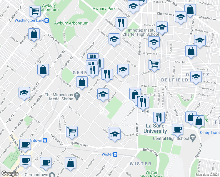 map of restaurants, bars, coffee shops, grocery stores, and more near 5533 Crowson Street in Philadelphia