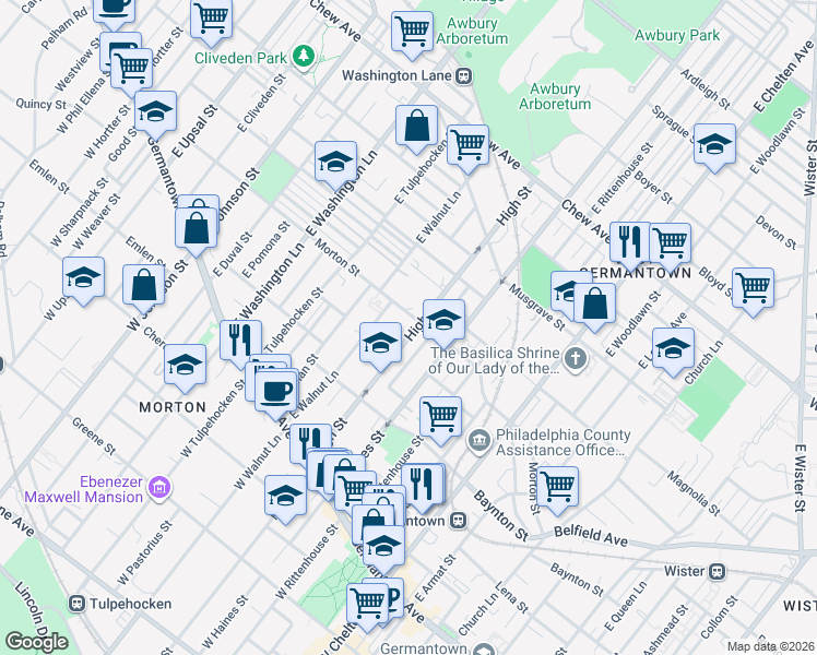 map of restaurants, bars, coffee shops, grocery stores, and more near 6022 Morton Street in Philadelphia
