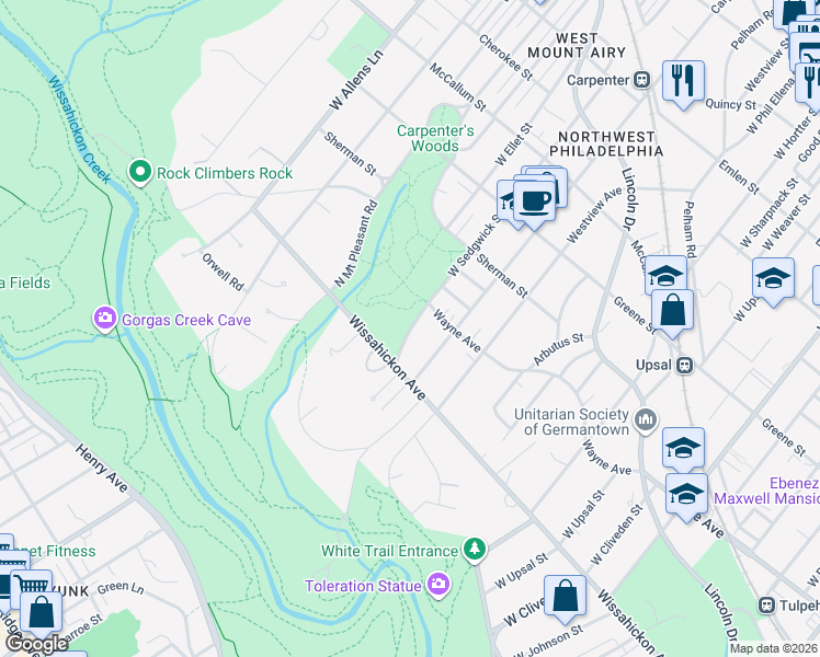 map of restaurants, bars, coffee shops, grocery stores, and more near 806 West Sedgwick Street in Philadelphia
