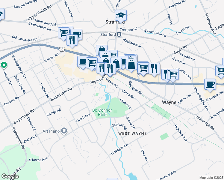 map of restaurants, bars, coffee shops, grocery stores, and more near 421 Morris Road in Strafford
