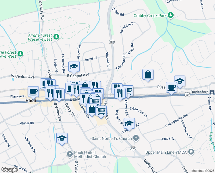 map of restaurants, bars, coffee shops, grocery stores, and more near 523 Paoli Pointe Drive in Paoli