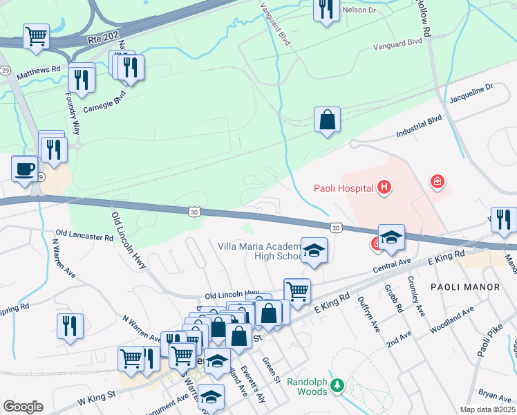 map of restaurants, bars, coffee shops, grocery stores, and more near in Malvern
