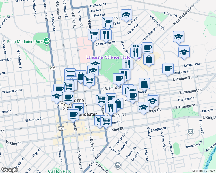 map of restaurants, bars, coffee shops, grocery stores, and more near 260 East Lemon Street in Lancaster