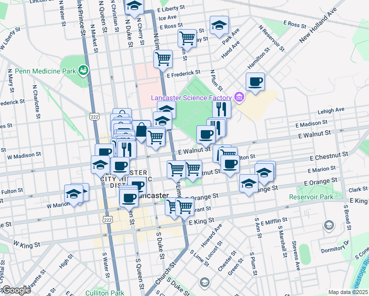 map of restaurants, bars, coffee shops, grocery stores, and more near 213 East Madison Street in Lancaster