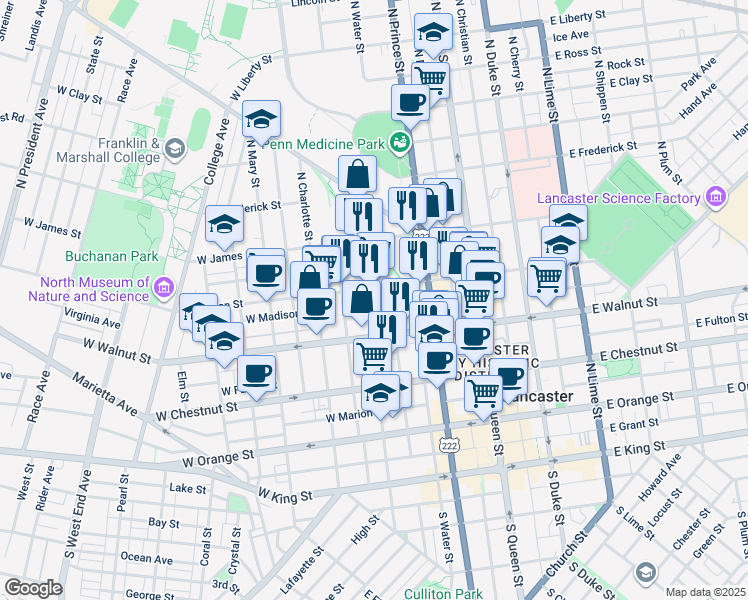 map of restaurants, bars, coffee shops, grocery stores, and more near 237 West Lemon Street in Lancaster
