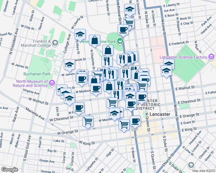map of restaurants, bars, coffee shops, grocery stores, and more near 425 North Concord Street in Lancaster