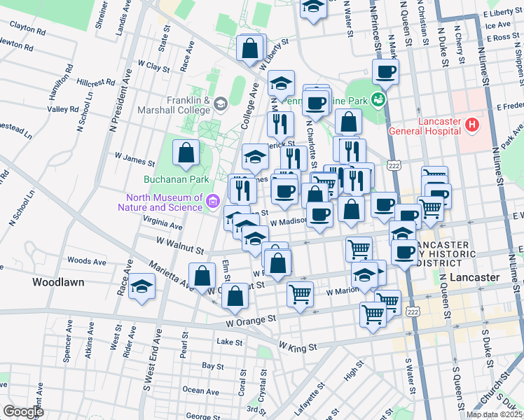 map of restaurants, bars, coffee shops, grocery stores, and more near 423 North Pine Street in Lancaster