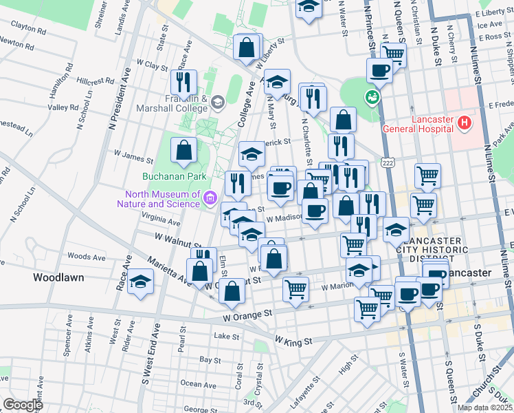 map of restaurants, bars, coffee shops, grocery stores, and more near 423 North Pine Street in Lancaster