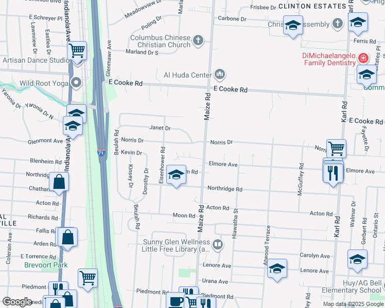 map of restaurants, bars, coffee shops, grocery stores, and more near 3849 Maize Road in Columbus