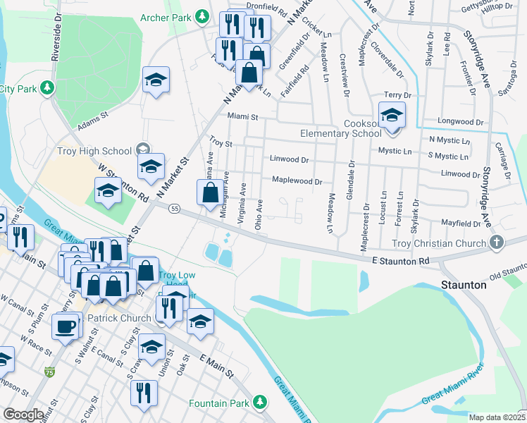 map of restaurants, bars, coffee shops, grocery stores, and more near 422 Ohio Avenue in Troy