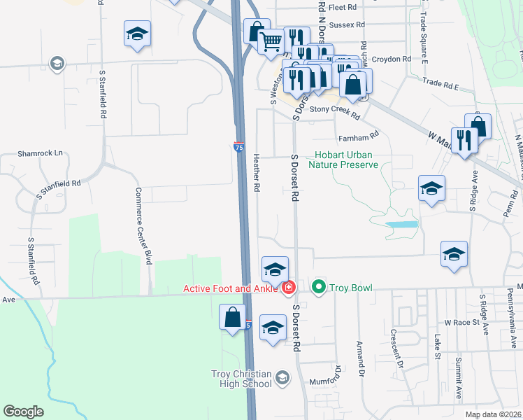 map of restaurants, bars, coffee shops, grocery stores, and more near 108 Heather Road in Troy