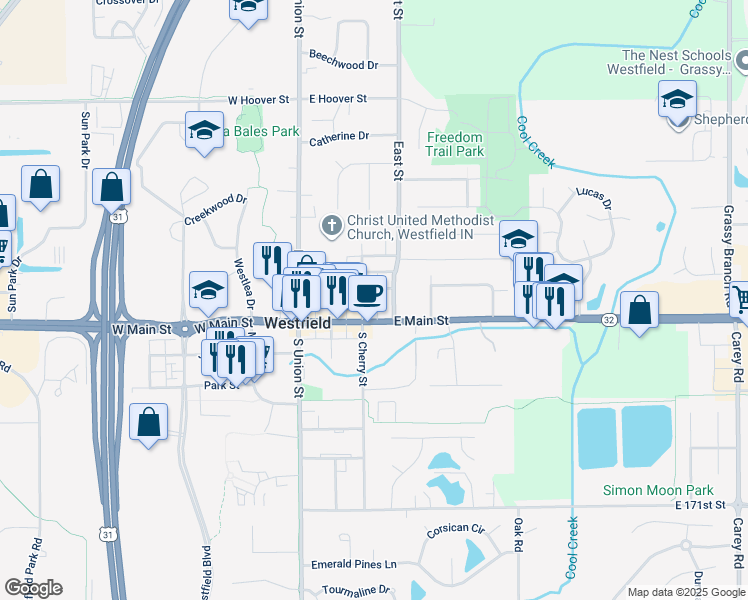 map of restaurants, bars, coffee shops, grocery stores, and more near in Westfield