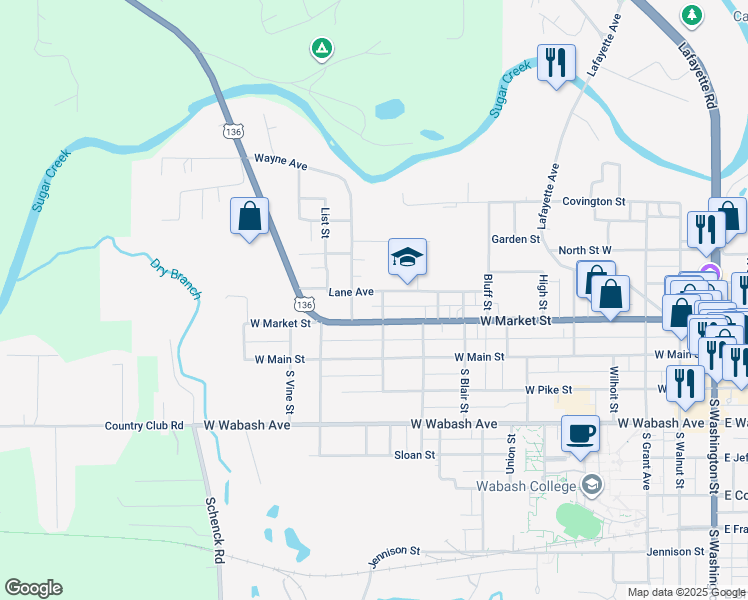 map of restaurants, bars, coffee shops, grocery stores, and more near 1102 Lane Avenue in Crawfordsville