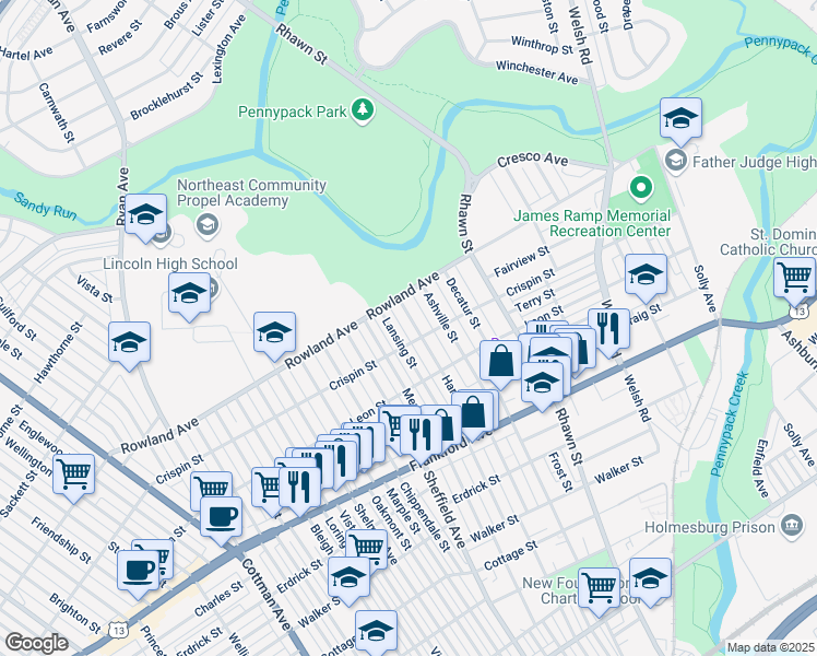 map of restaurants, bars, coffee shops, grocery stores, and more near 3332 Hartel Avenue in Philadelphia